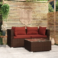  3 Piece Garden Lounge Set with Cushions Brown Poly Rattan
