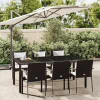  7 Piece Garden Dining Set with Cushions Black Poly Rattan