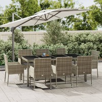  9 Piece Garden Dining Set with Cushions Grey Poly Rattan