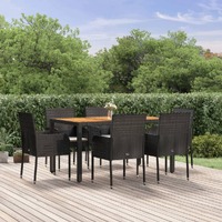  7 Piece Garden Dining Set with Cushions Black Poly Rattan