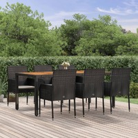  7 Piece Garden Dining Set with Cushions Black Poly Rattan