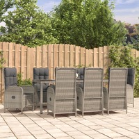  9 Piece Garden Dining Set with Cushions Grey Poly Rattan