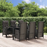  7 Piece Garden Dining Set with Cushions Black and Grey Poly Rattan