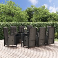  9 Piece Garden Dining Set with Cushions Black Poly Rattan