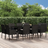  11 Piece Garden Dining Set with Cushions Black Poly Rattan