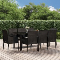 9 Piece Garden Dining Set with Cushions Black Poly Rattan
