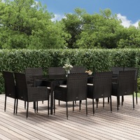  11 Piece Garden Dining Set with Cushions Black Poly Rattan