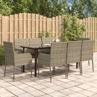  9 Piece Garden Dining Set with Cushions Black and Grey Poly Rattan