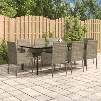 9 Piece Garden Dining Set with Cushions Black and Grey Poly Rattan