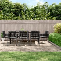  9 Piece Garden Dining Set with Cushions Black Poly Rattan and Steel