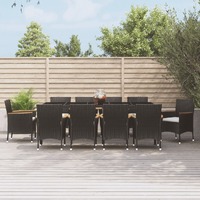  11 Piece Garden Dining Set with Cushions Black Poly Rattan
