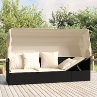  Outdoor Lounge Bed with Roof and Cushions Black Poly Rattan