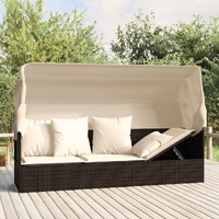  Outdoor Lounge Bed with Roof and Cushions Brown Poly Rattan