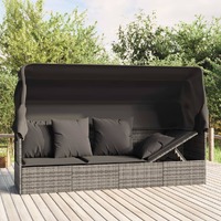  Outdoor Lounge Bed with Roof and Cushions Grey Poly Rattan