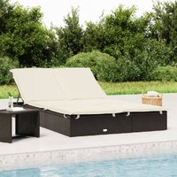  2-Person Sunbed with Cushions Black Poly Rattan