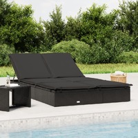  2-Person Sunbed with Cushions Black Poly Rattan