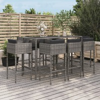  9 Piece Garden Bar Set with Cushions Grey Poly Rattan