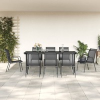  9 Piece Garden Dining Set Black Steel and Textilene