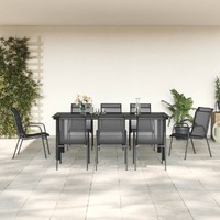  9 Piece Garden Dining Set Black Steel and Textilene