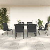  7 Piece Garden Dining Set Black Steel and Textilene