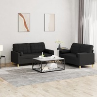  2 Piece Sofa Set with Pillows Black Fabric