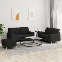  3 Piece Sofa Set with Pillows Black Fabric