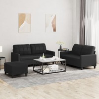  3 Piece Sofa Set with Cushions Black Faux Leather