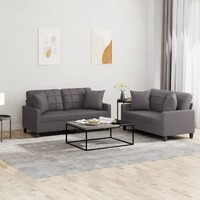  2 Piece Sofa Set with Pillows Grey Faux Leather