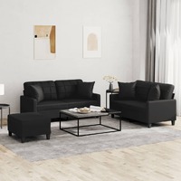  3 Piece Sofa Set with Pillows Black Faux Leather