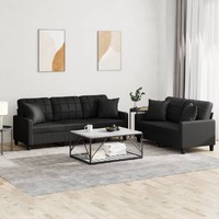  2 Piece Sofa Set with Pillows Black Faux Leather