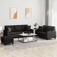  3 Piece Sofa Set with Pillows Black Faux Leather