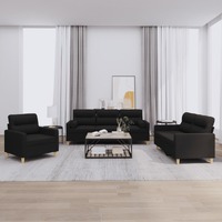  3 Piece Sofa Set with Pillows Black Fabric