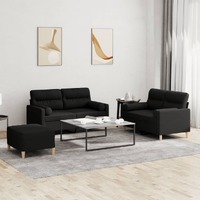  3 Piece Sofa Set with Pillows Black Fabric