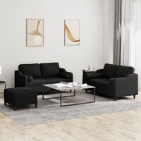  3 Piece Sofa Set with Pillows Black Fabric