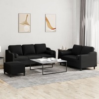  3 Piece Sofa Set with Pillows Black Fabric