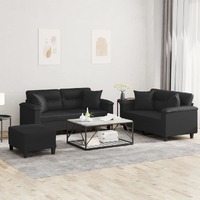  3 Piece Sofa Set with Pillows Black Faux Leather