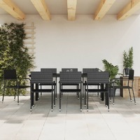  9 Piece Garden Dining Set Black Poly Rattan and Steel