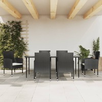  7 Piece Garden Dining Set Black Poly Rattan and Steel