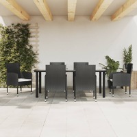  7 Piece Garden Dining Set Black Poly Rattan and Steel
