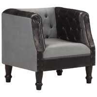  Tub Chair Black Real Leather and Solid Mango Wood