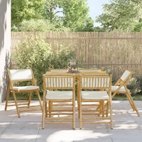  6 Piece Folding Bistro Chairs with Cream White Cushions Bamboo