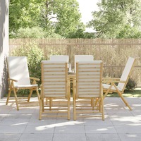  6 Piece Folding Garden Reclining Chairs with Cream White Cushions Bamboo