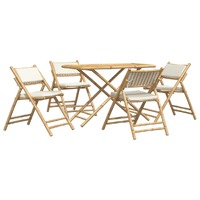  5 Piece Folding Bistro Set with Cream White Cushions Bamboo