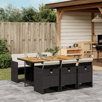  7 Piece Garden Dining Set with Cushions Black Poly Rattan