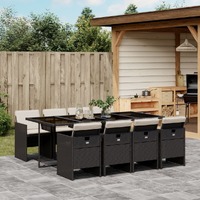  9 Piece Garden Dining Set with Cushions Black Poly Rattan