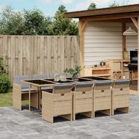  9 Piece Garden Dining Set with Cushions Mix Beige Poly Rattan