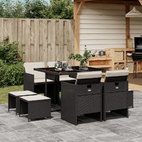  9 Piece Garden Dining Set with Cushions Black Poly Rattan