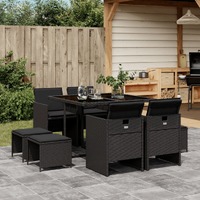  9 Piece Garden Dining Set with Cushions Black Poly Rattan