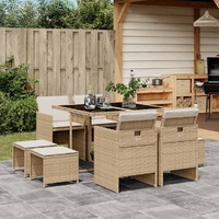  9 Piece Garden Dining Set with Cushions Beige Poly Rattan