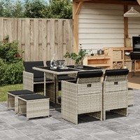  9 Piece Garden Dining Set with Cushions Light Grey Poly Rattan